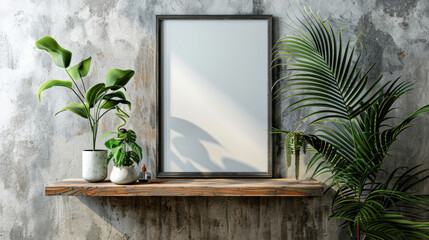 Blank mock up poster frame on wooden shelf against concrete wall. Loft modern contemporary interior design.