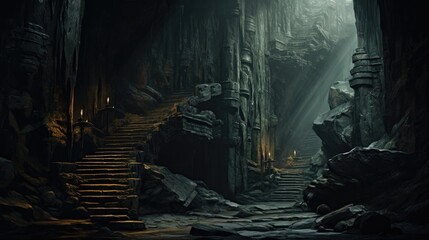 Enigmatic Subterranean Passage Shrouded in Ethereal Mist and Renaissance Inspired Chiaroscuro