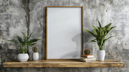 Blank mock up poster frame on wooden shelf against concrete wall. Loft modern contemporary interior design.