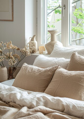 Close up bed with beige bedding sheets. Scandinavian interior design of modern bedroom. Modern contemporary interior design.