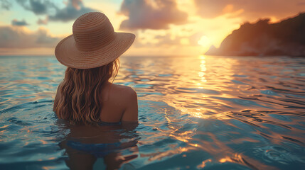 A serene image of a woman in a sunhat gazing at a beautiful ocean sunset. Summer and holiday concept.