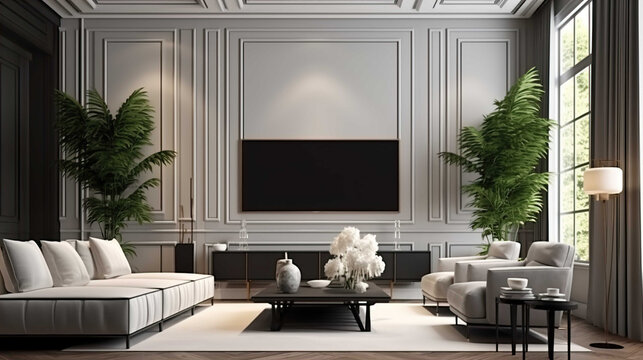 Luxury Living Room Interior With Empty Screen Television Se 3D Render  , Generate AI