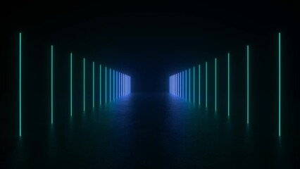 Explore a dark tunnel pulsating with green and blue lights on a concrete floor. Futuristic 3D animation loop with neon tube lights creating an otherworldly atmosphere. 4K 3D Animation Loop Futuristic 