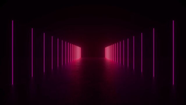 Experience a tunnel of pink neon lights in a dark room, glowing on a concrete floor in this futuristic 3D animation loop.