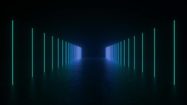 Explore a dark tunnel pulsating with green and blue lights on a concrete floor. Futuristic 3D animation loop with neon tube lights creating an otherworldly atmosphere. 4K 3D Animation Loop Futuristic 