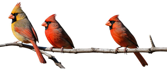 Three vibrant Northern Cardinals sitting closely on a leafless tree branch, isolated on a white background, png. - obrazy, fototapety, plakaty