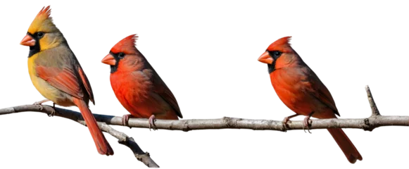 Foto op Canvas Three vibrant Northern Cardinals sitting closely on a leafless tree branch, isolated on a white background, png. © Lokesh