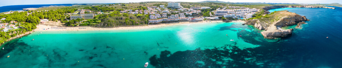 Fototapeta na wymiar Areal drone view of the Arenal d'en Castell beach on Menorca island, Spain