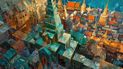 Abstracted Aerial View of Ornate Temple Architecture and Vibrant Peacocks in Cubist Inspired Digital