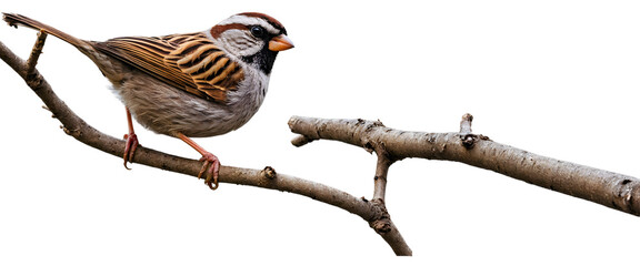 Close-up image of a single sparrow perched on a branch, isolated on a white background, png.