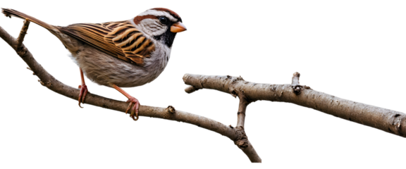 Close-up image of a single sparrow perched on a branch, isolated on a white background, png.