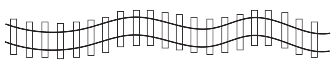 Vector illustration of curved railroad isolated on a white background. Straight and curved railway train track icon set. Perspective view railroad train paths. - obrazy, fototapety, plakaty