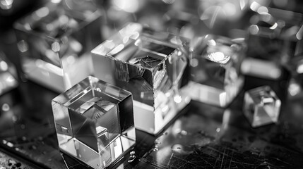Stack of crystal cubes Among the images of drilling metal tools and vintage equipment in industrial environments.
