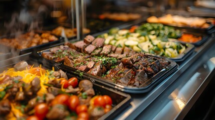 Catering buffet food indoor in restaurant with grilled meat. Buffet service for any festive event, party or wedding reception. - obrazy, fototapety, plakaty