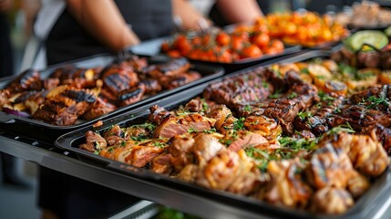 Obraz premium Catering buffet food indoor in restaurant with grilled meat. Buffet service for any festive event, party or wedding reception.