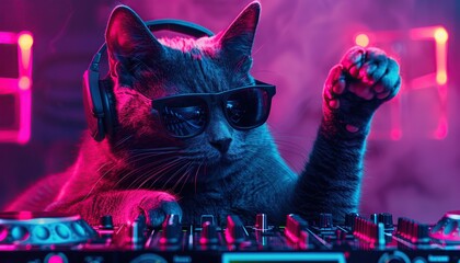 dj cat with sunglasses and headphones playing music, neon concert --ar 7:4 Job ID: dfc04abc-c387-4e5a-82d5-3e23afa8baca