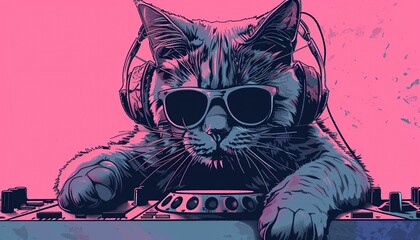dj cat with sunglasses and headphones playing music, vaporwave style --ar 7:4 Job ID:...
