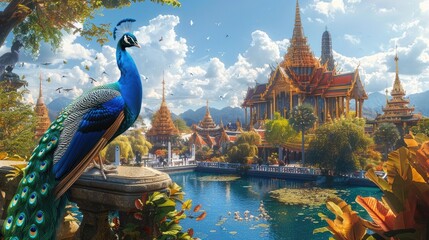Enchanting Peacock Amidst the Ornate Splendor of a Thai Temple Complex in a Surrealist Dreamscape - obrazy, fototapety, plakaty