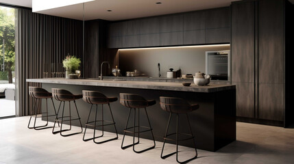 Modern minimalist kitchen with long island with stools. Dark materials. Generate AI