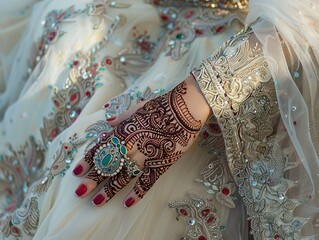 Elegant bride hand adorned with ornate multi colored jewelry and Henna tattoo on the hand of a young bride in a wedding dress.