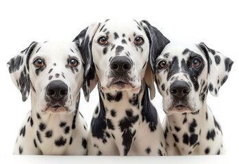 Three Dalmatian dogs sitting together on white background. Generative AI