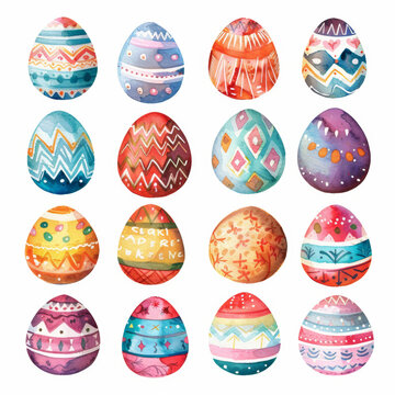 happy Easter. A collection of watercolor Easter eggs decorated with geometric ornaments on a white background