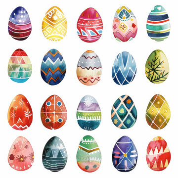happy Easter. A collection of watercolor Easter eggs decorated with geometric ornaments on a white background