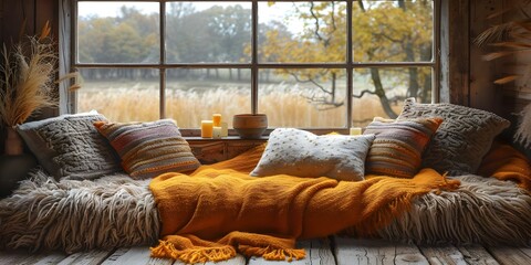 A cozy reading nook with blankets and cushions invites relaxation and literary escape in a warm plush setting. Concept Cozy Nook Decor, Reading Retreat, Relaxing Ambiance, Plush Comfort - obrazy, fototapety, plakaty