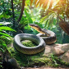 Jungle Encounter: Massive Snake with Open Jaws Amid Lush Greenery