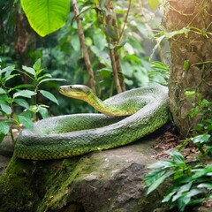 Jungle Encounter: Massive Snake with Open Jaws Amid Lush Greenery