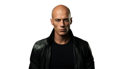 A man with a bald head and facial hair in a black leather jacket and shirt is facing the camera in the darkness at an event, with audio equipment and jawline visible on transparent