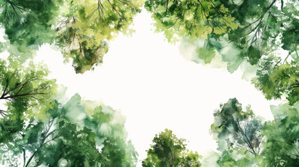 watercolor green trees background with copy space in the center