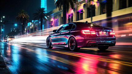Night car driving downtown colorful on city streets , like colorful flashes, flash light  , Generate AI - obrazy, fototapety, plakaty