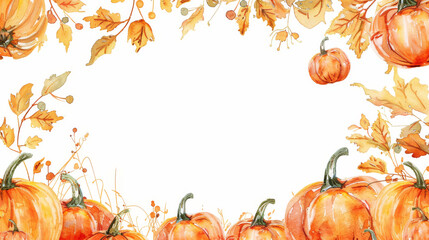 watercolor orange pumpkins background with copy space in the center