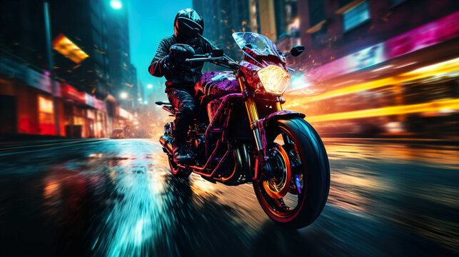Night motorcycle driving downtown colorful on city streets , like colorful flashes, flash light car photo , Generate AI