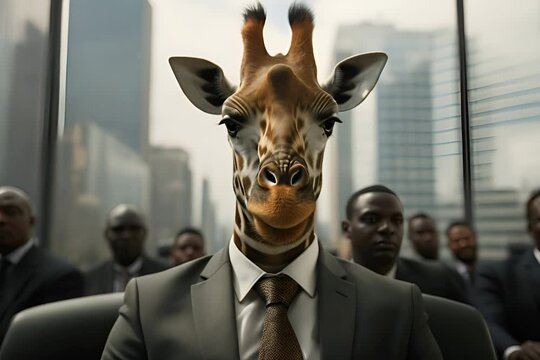 Surreal image of a giraffe in business attire among businessmen.