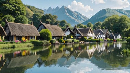A serene lakeside village with thatched cottages, blooming gardens, and swans gliding over the calm water - obrazy, fototapety, plakaty