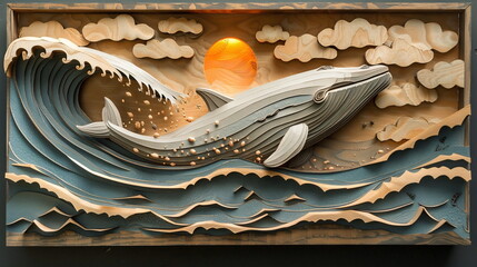 an Collage Painting artwork of whale Leaping at Sunset in the ocean, a happy whale in the ocean in cut cardboard, Geometric Square Collage Painting artwork 