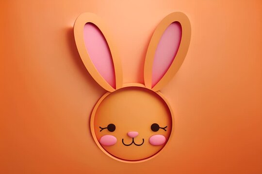 A cute cartoon bunny face with peach and pink ears, and small flowers.