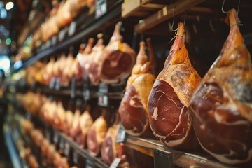 Smoked meat in a butcher's shop - obrazy, fototapety, plakaty