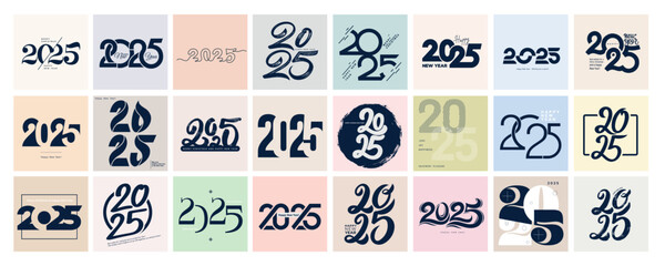 Big Set of 2025 number design template. 2025 Happy New Year logo text design. Vector with black 24 labels logo for diaries, notebooks, calendars, social media. Christmas set of 2025 Happy New Year.