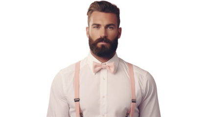 A man with a beard is sporting suspenders and a pink bow tie around his neck, adding a touch of whimsy to his formal wear ensemble for the event on transparent