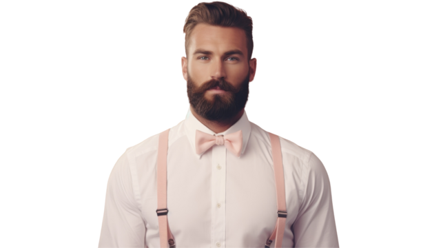 A man with a beard is sporting suspenders and a pink bow tie around his neck, adding a touch of whimsy to his formal wear ensemble for the event on transparent
