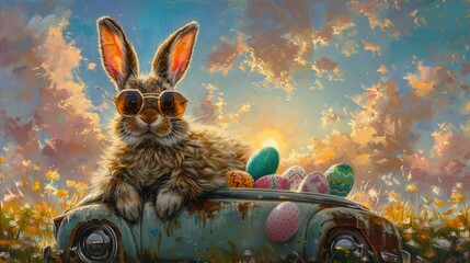 Charming Easter Bunny Relaxing Amidst Colorful Eggs in Vintage Automobile Against Sunset Skyscape - obrazy, fototapety, plakaty