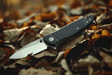 Essential hiking pocket knife, hyperrealistic, with a grip handle, on a backdrop of leaves - obrazy, fototapety, plakaty
