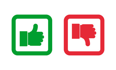 Green thumb up and red thumb down squared outline vector icons. Like and dislike social media symbols. - obrazy, fototapety, plakaty
