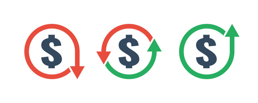 dollar sign icons set with green up and red down arrows