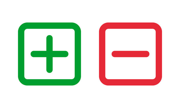 Green plus and red minus squared outline icons. Positive and negative symbols.