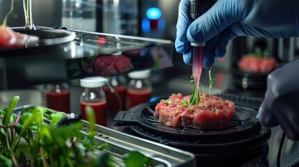 Hyperrealistic cultured meat on a lab scale, showcasing cellular agriculture technology - obrazy, fototapety, plakaty