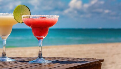 strawberry margarita and Daiquiri frozen and on ice with lime and berry fruit at beach side for summer time relaxation in the sun and sand